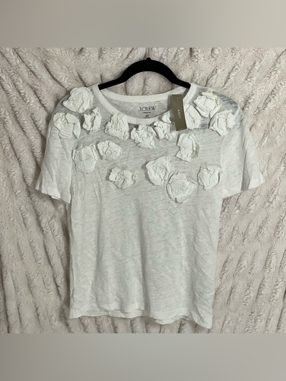 J. Crew Relaxed 100% White Linen Top Featuring Floral Appliqué Embellishments